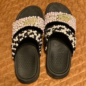 Custom blinged Nike slides, size 10